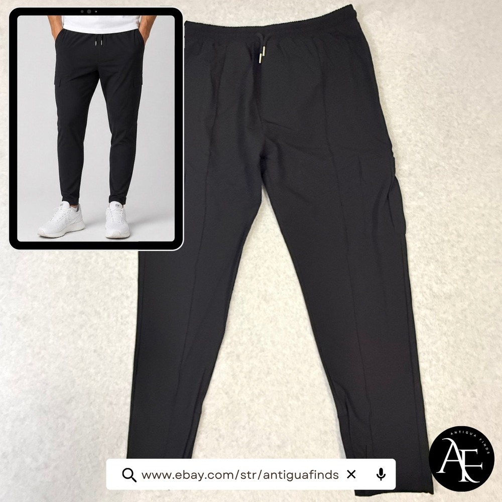 BoohooMAN Mens XL Black Cargo Pants Tapered Zipper Ankle Elastic Streetwear